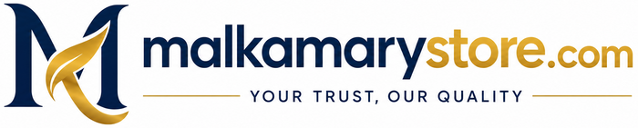 A digital logo for 'malkamarystore.com' featuring a stylized navy blue 'M' with a gold leaf accent, alongside the text 'malkamarystore.